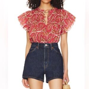 CLEOBELLA Calla Pink & Brown Paisley Women's Blouse M Ruffled Cap Sleeves